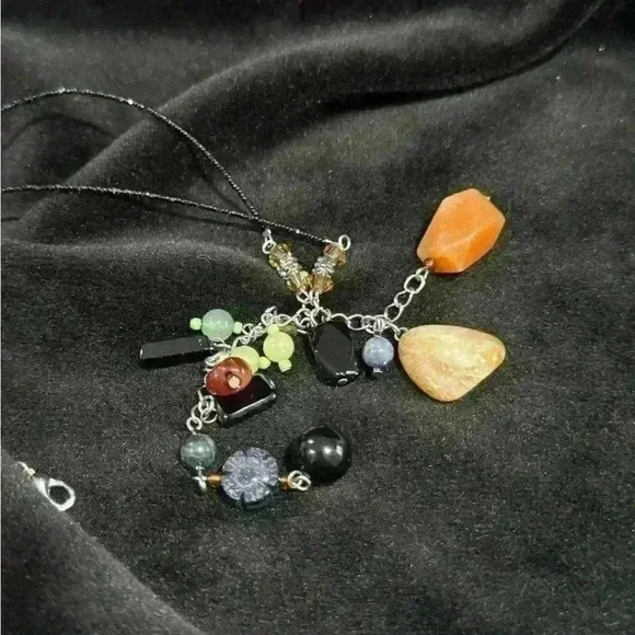 Boho Gemstone Beaded Necklace Carnelian Jade Cluster Drop Pendant - Picture 6 of 7